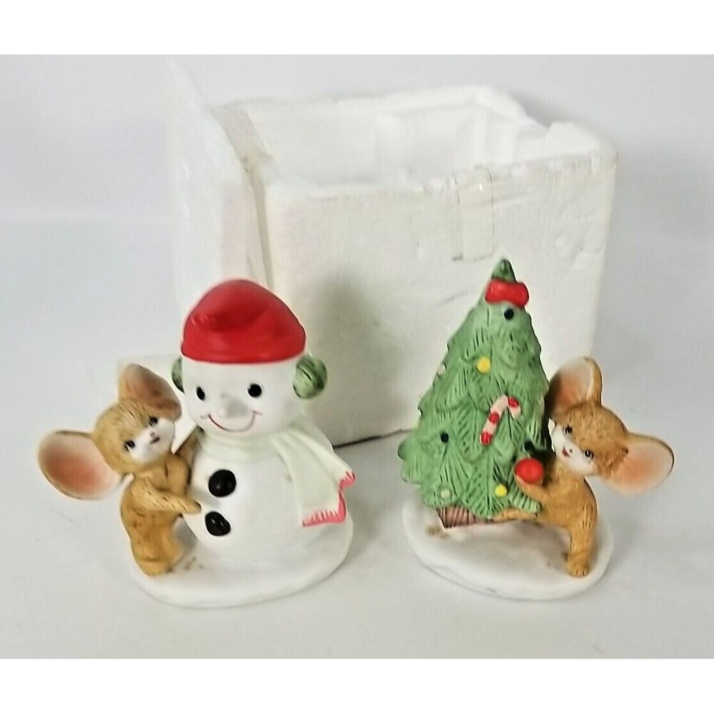 VINTAGE Set of 2 HOMCO Christmas Figurines Mouse Tree Snowman Holiday Decor 8905